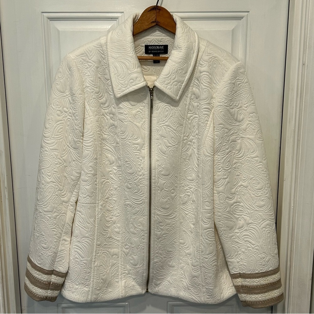Dennis Basso Ivory Quilted Jacquard Knit Zip-front Jacket Lace Cuffs, Size 20W - Picture 1 of 8